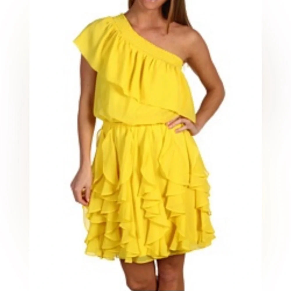 Jessica Simpson Yellow One-Shoulder Ruffle Dress Asymmetrical small